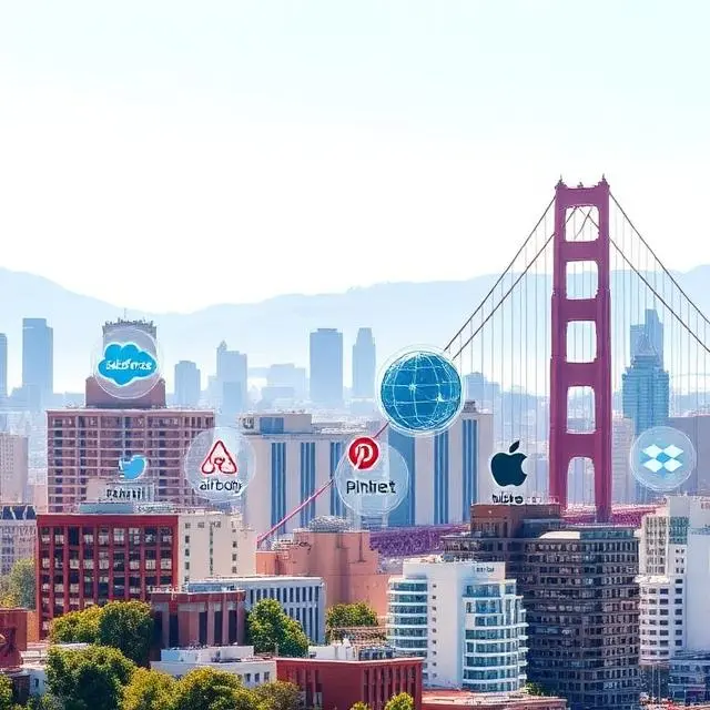 San Francisco skyline with Golden Gate Bridge and major tech company offices including Salesforce, Twitter, Airbnb, Uber, Dropbox, Pinterest, and Lyft, representing innovation and entrepreneurship.
