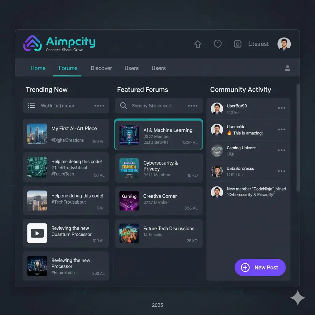 Screenshot of Aimpcity online community platform showing user interaction and content discovery