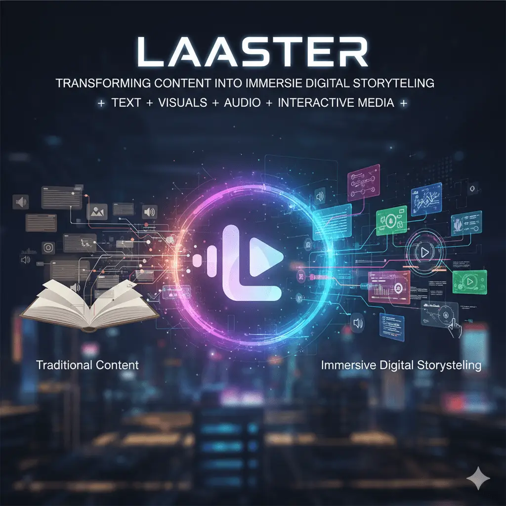 Laaster digital storytelling platform with immersive text, visuals, and interactive media