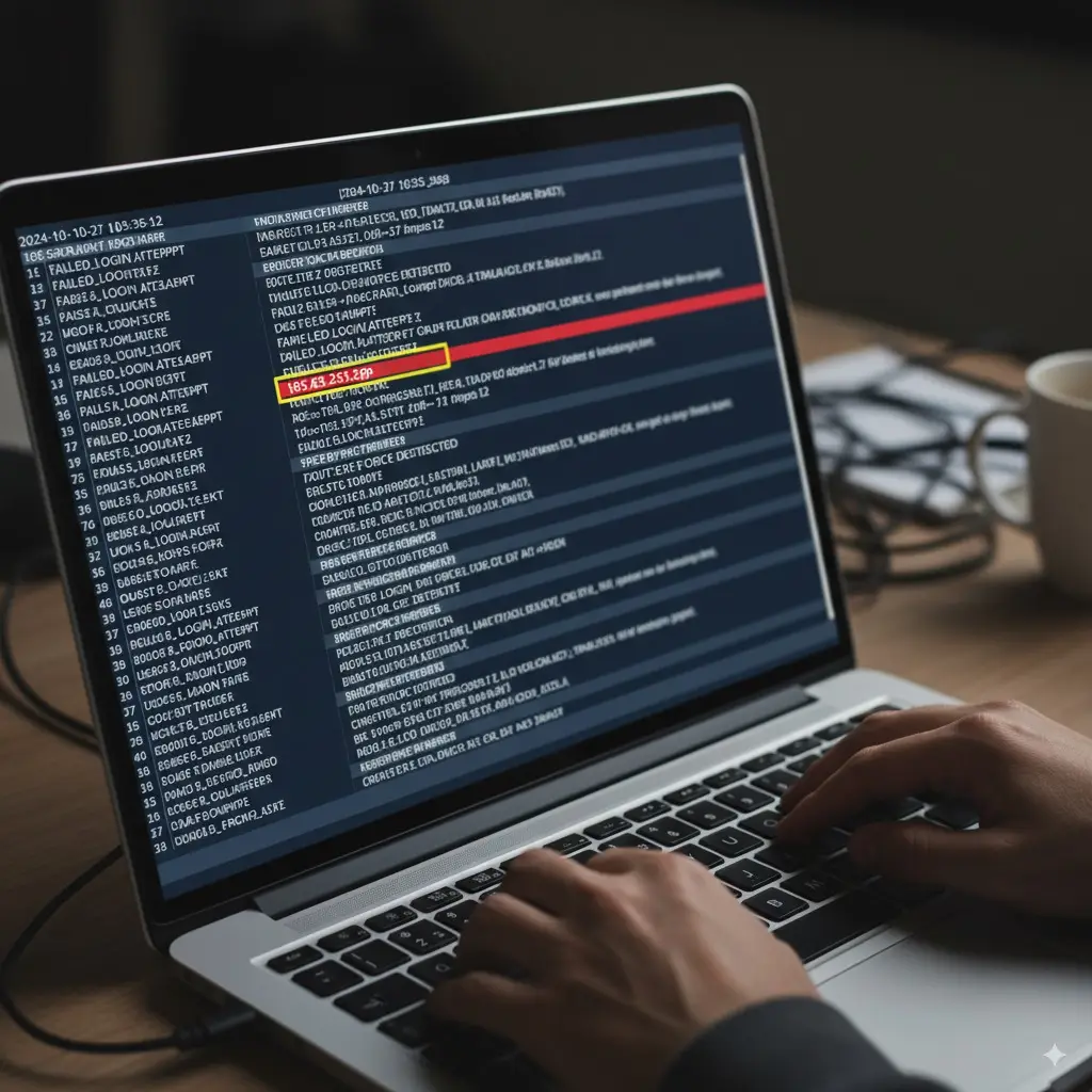 Suspicious IP address 185.63.253.2pp highlighted in server logs on a laptop screen.