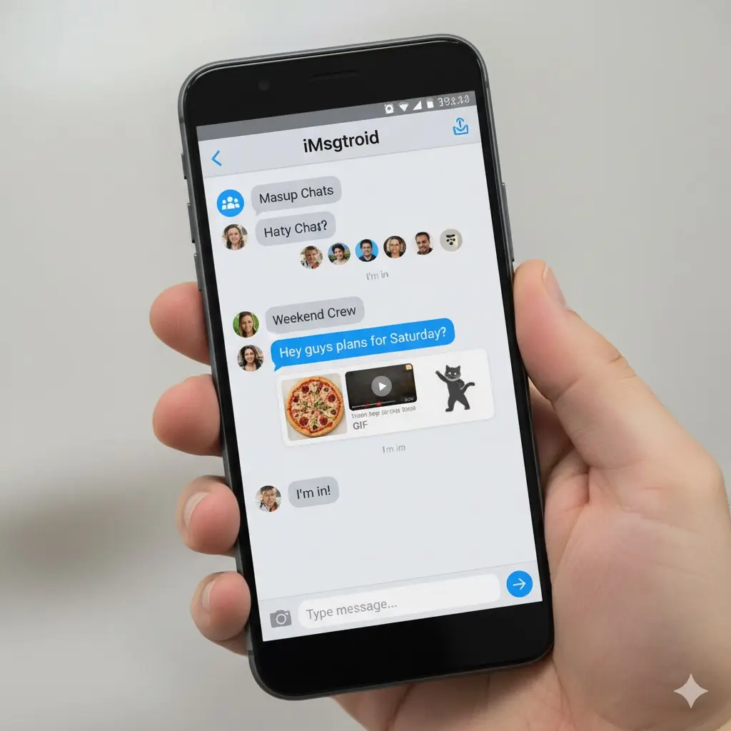 iMsgtroid app running on Android showing iMessage style chat