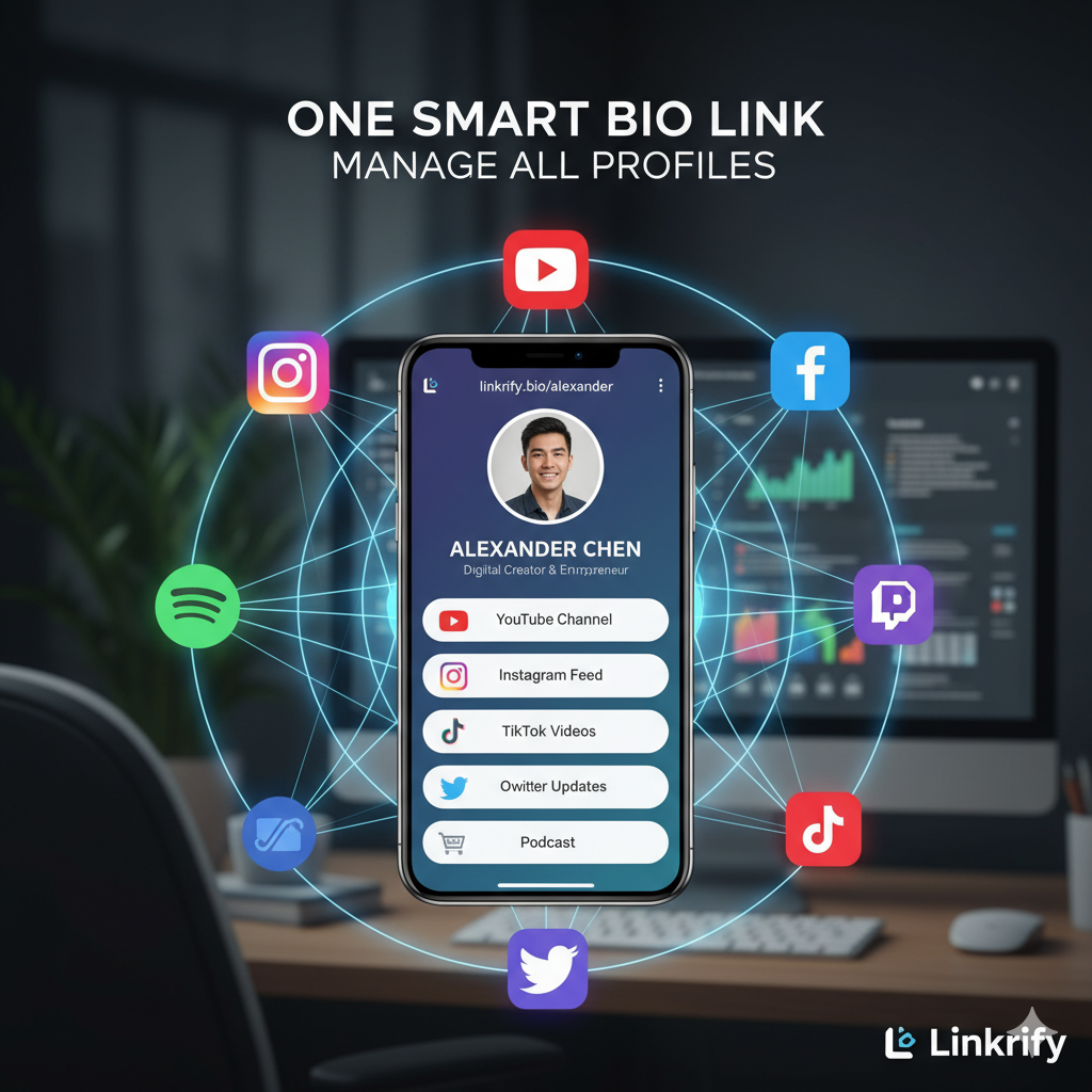 Linkrify bio page preview showing a single branded link connecting multiple social profiles