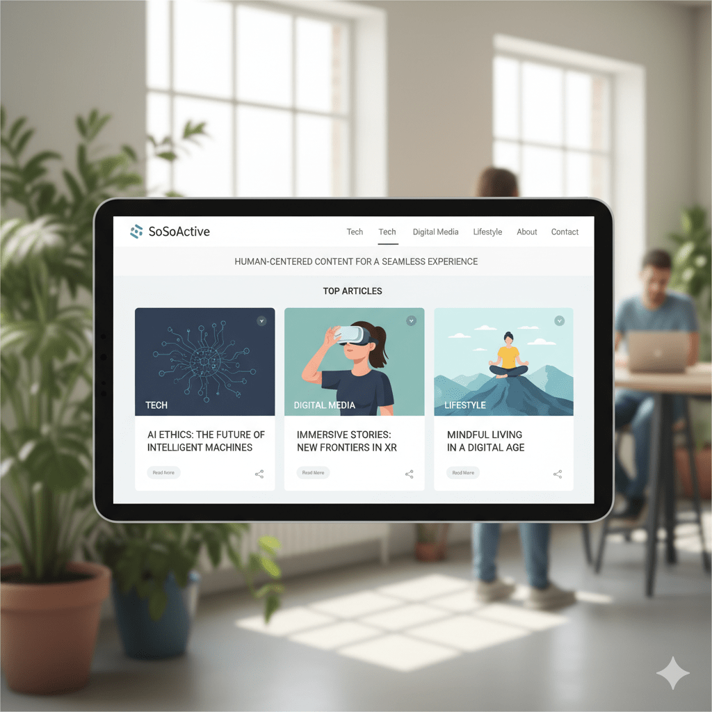 SoSoActive digital media platform homepage showing tech, lifestyle, and culture articles