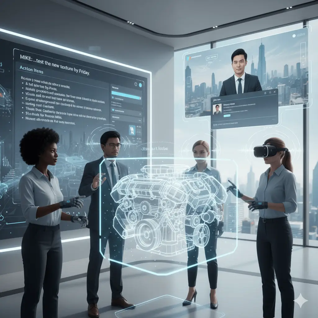 Virtual remote work setup with AI notetaker and VR collaboration