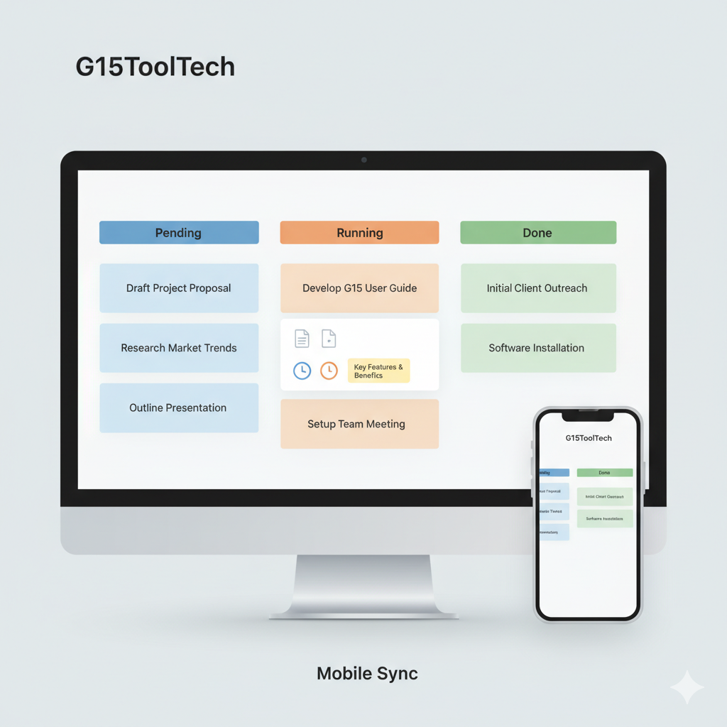 From Pending to Done: G15ToolTech's simple, visual board system is a central "operating desk" for both desktop planning and mobile capture. Attach files, set timers, and track progress effortlessly to maintain a single, organized workflow.