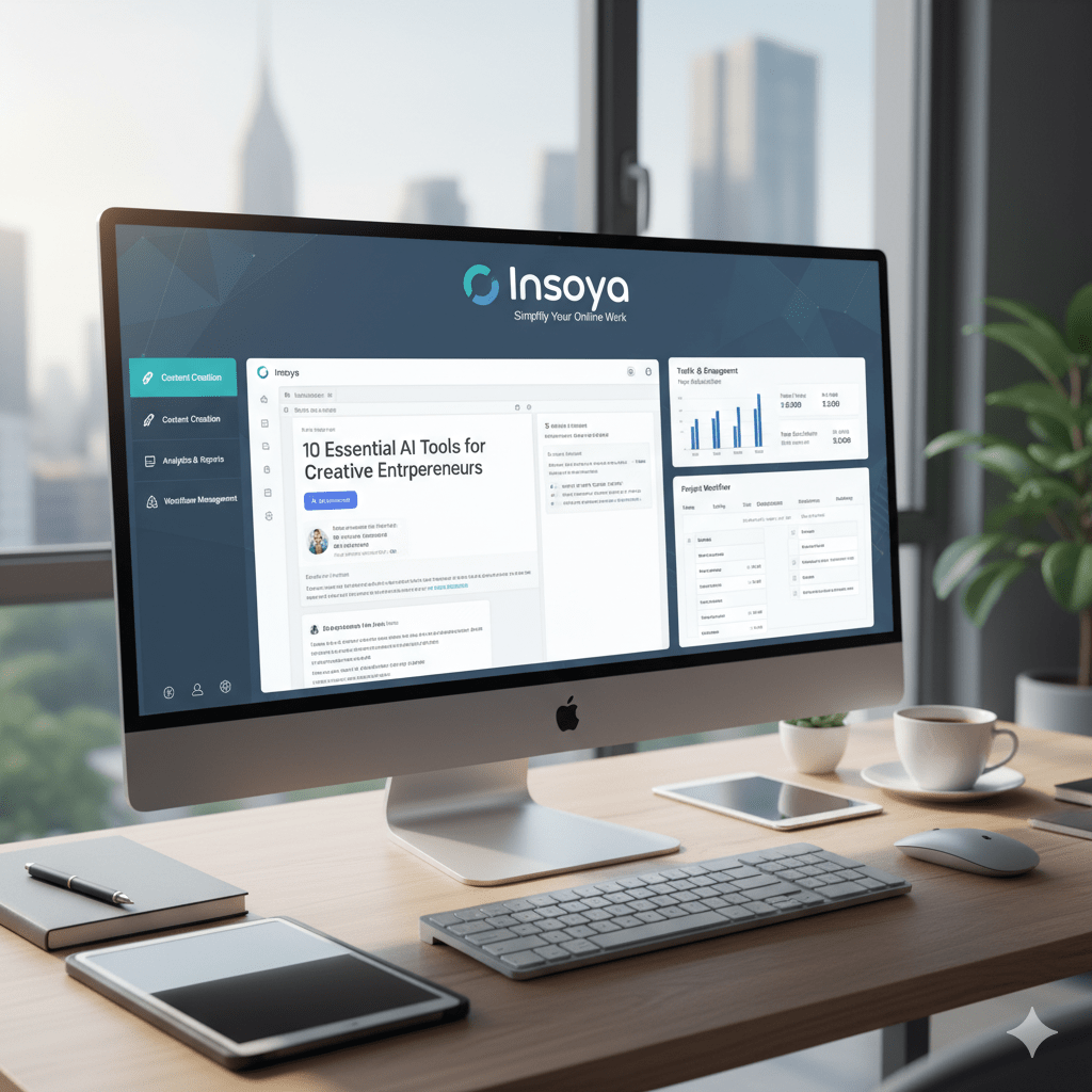 Insoya digital productivity tool interface showing AI writing, analytics, and automation dashboard.