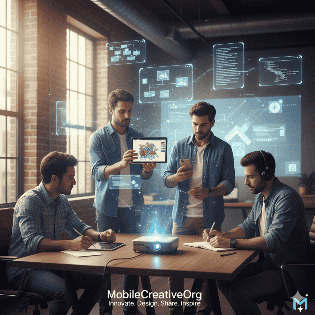 Creative workspace showing mobile devices, sketches, and design tools — representing the MobileCreativeOrg tech and design community.