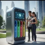 Confused person standing in front of recycling bins